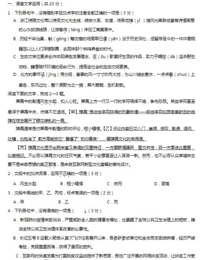 2021浙江高考语文模拟试卷及答案解析