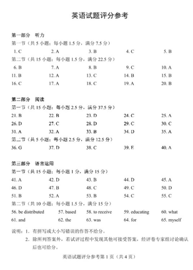 安徽2023高三四省联考英语试题答案