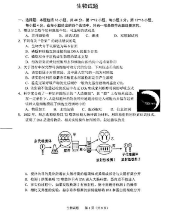 广东禅城实验高级中学高考前模拟考试生物试题