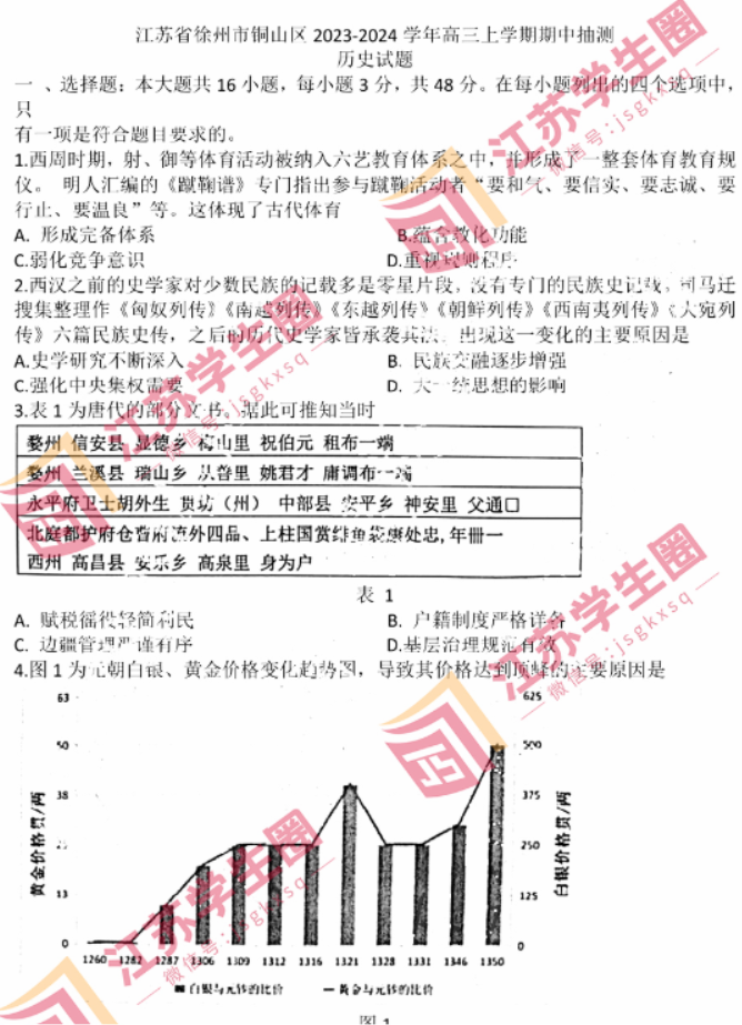 江苏省徐州市2024高三11月期中考试历史试题及答案解析