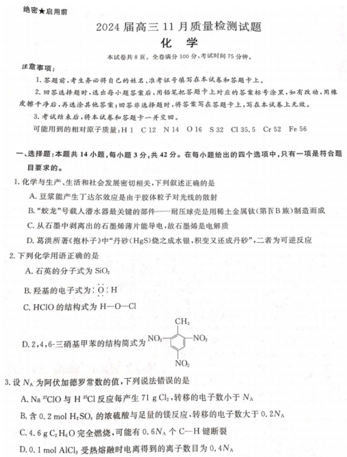 湖南衡阳市2024高三11月质量检测化学试题及答案解析