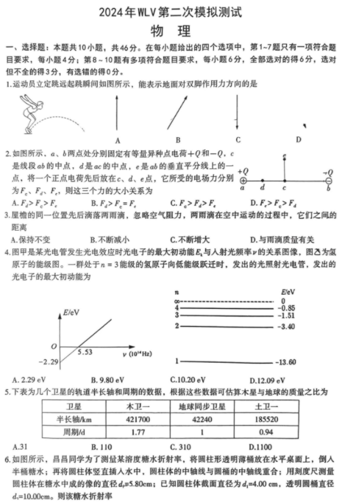 江西南昌市2024高三4月二模考试物理试题及答案解析